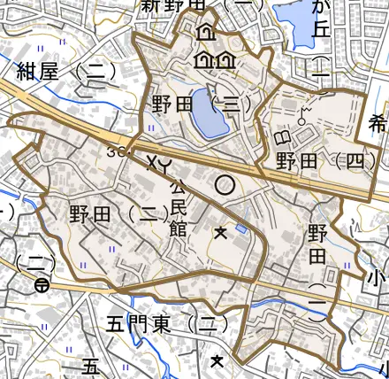 野田とその周辺の地図。町の範囲を重ねている