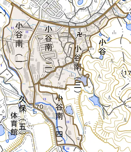 小谷南とその周辺の地図。町の範囲を重ねている