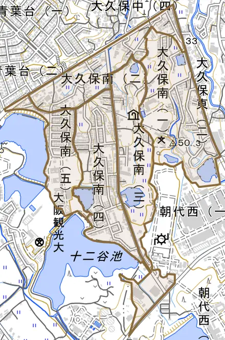 大久保南とその周辺の地図。町の範囲を重ねている