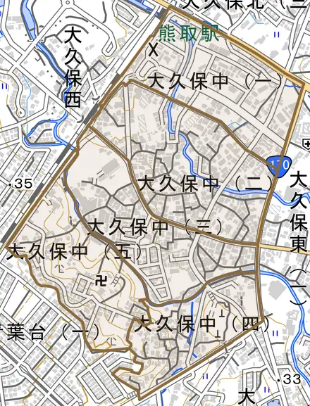 大久保中とその周辺の地図。町の範囲を重ねている