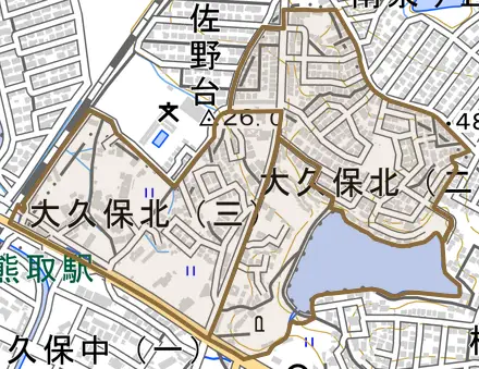 大久保北とその周辺の地図。町の範囲を重ねている