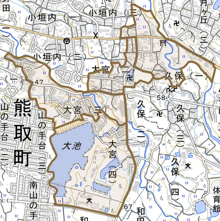 大宮とその周辺の地図。町の範囲を重ねている