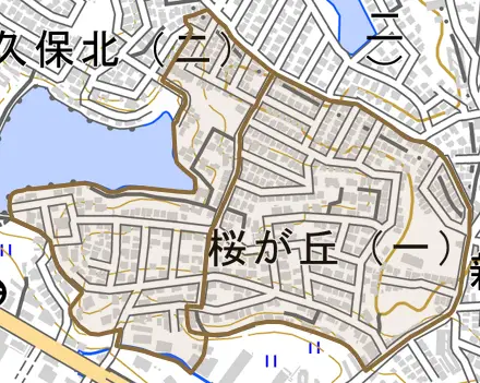 桜が丘とその周辺の地図。町の範囲を重ねている
