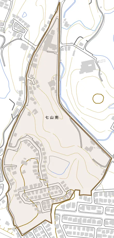 七山南とその周辺の地図。町の範囲を重ねている