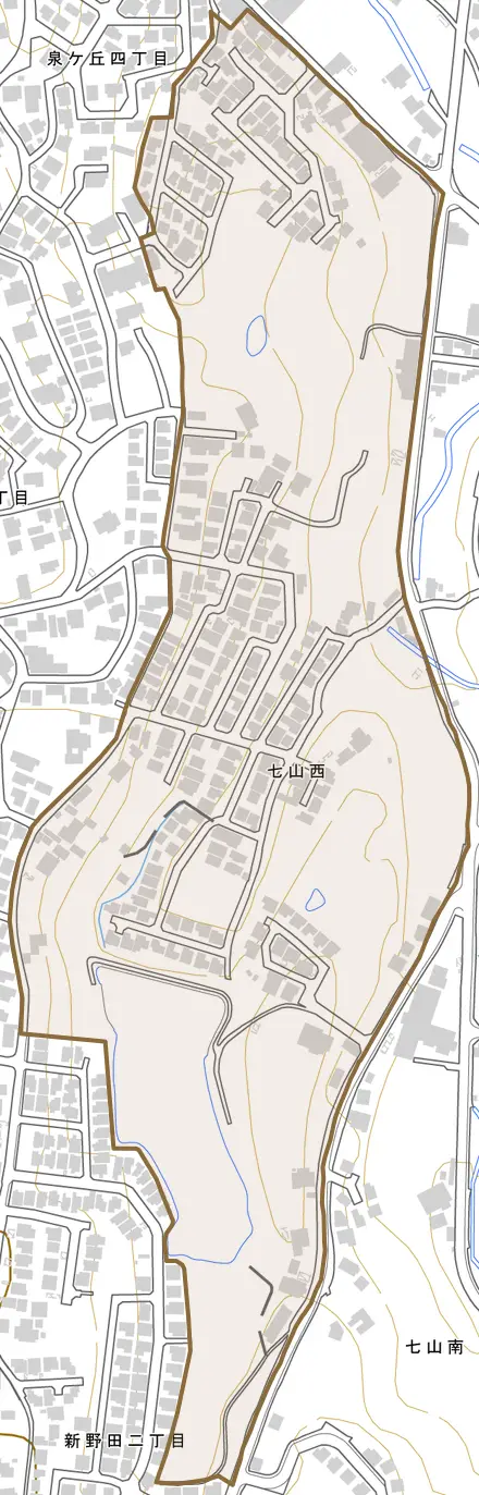 七山西とその周辺の地図。町の範囲を重ねている