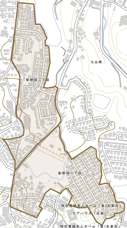 新野田とその周辺の地図。町の範囲を重ねている