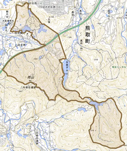 大字野田とその周辺の地図。町の範囲を重ねている