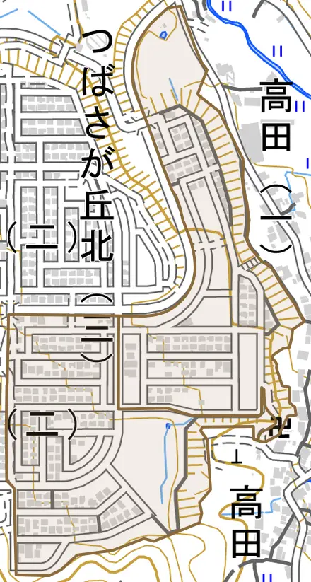 つばさが丘東とその周辺の地図。町の範囲を重ねている
