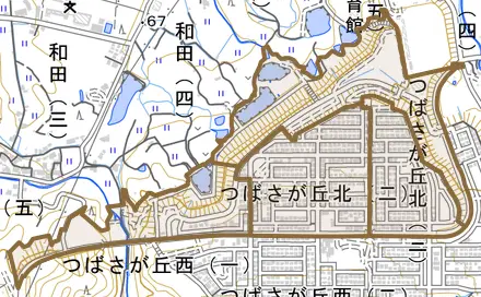つばさが丘北とその周辺の地図。町の範囲を重ねている