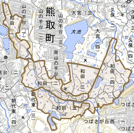 和田とその周辺の地図。町の範囲を重ねている