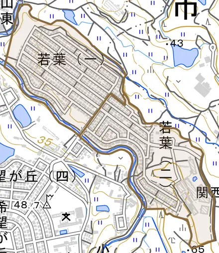 若葉とその周辺の地図。町の範囲を重ねている