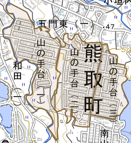 山の手台とその周辺の地図。町の範囲を重ねている