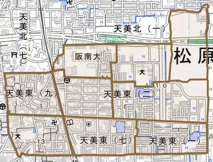 天美東とその周辺の地図。町の範囲を重ねている