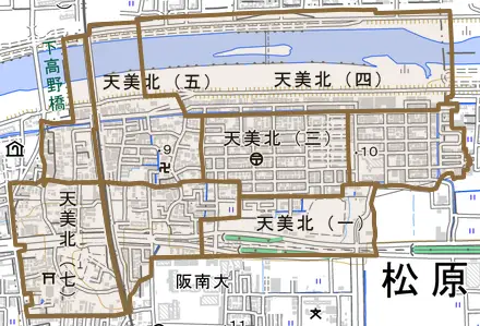 天美北とその周辺の地図。町の範囲を重ねている