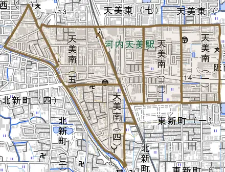 天美南とその周辺の地図。町の範囲を重ねている