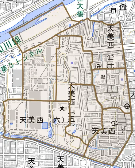 天美西とその周辺の地図。町の範囲を重ねている