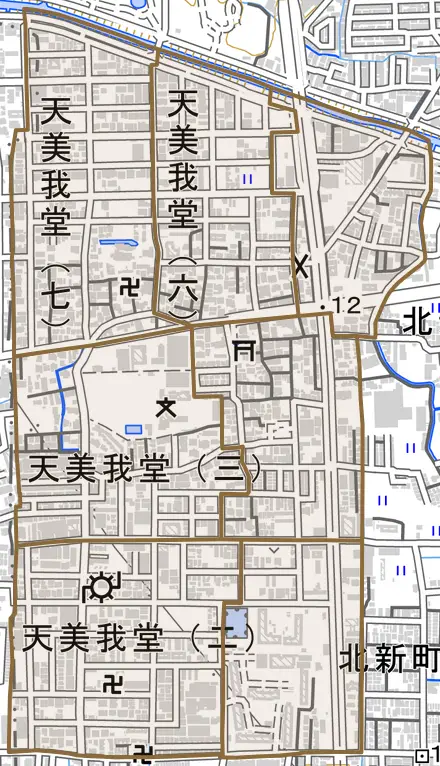 天美我堂とその周辺の地図。町の範囲を重ねている