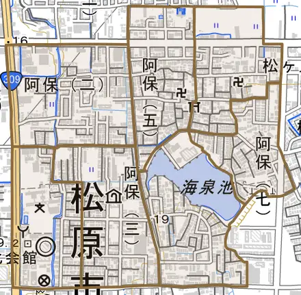 阿保とその周辺の地図。町の範囲を重ねている