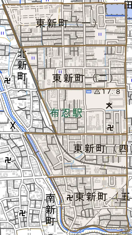 東新町とその周辺の地図。町の範囲を重ねている