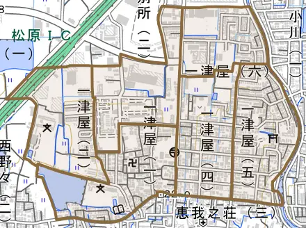 一津屋とその周辺の地図。町の範囲を重ねている