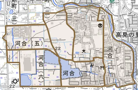 河合とその周辺の地図。町の範囲を重ねている