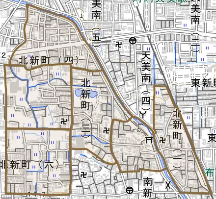 北新町とその周辺の地図。町の範囲を重ねている