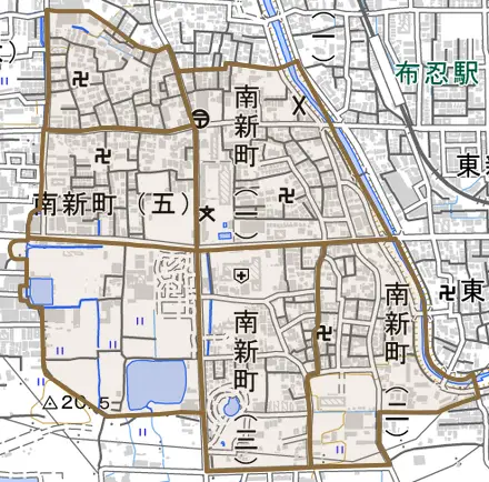 南新町とその周辺の地図。町の範囲を重ねている