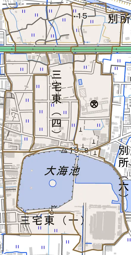 三宅東とその周辺の地図。町の範囲を重ねている