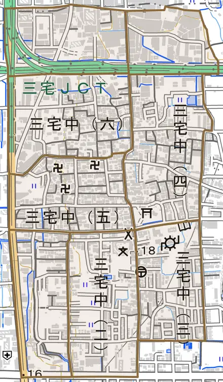 三宅中とその周辺の地図。町の範囲を重ねている