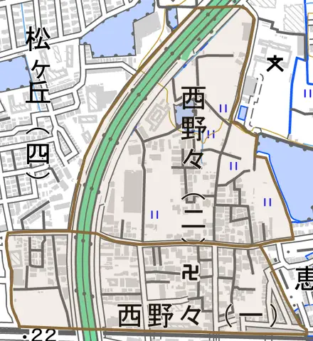 西野々とその周辺の地図。町の範囲を重ねている