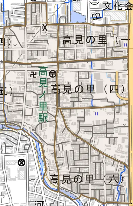 高見の里とその周辺の地図。町の範囲を重ねている