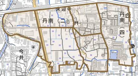丹南とその周辺の地図。町の範囲を重ねている