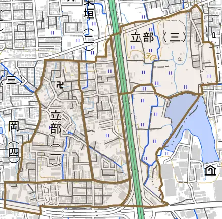 立部とその周辺の地図。町の範囲を重ねている