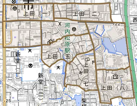 上田とその周辺の地図。町の範囲を重ねている
