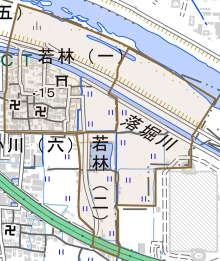 若林とその周辺の地図。町の範囲を重ねている
