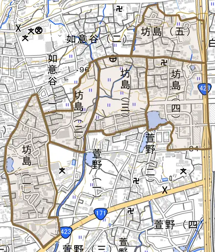 坊島とその周辺の地図。町の範囲を重ねている