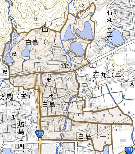 白島とその周辺の地図。町の範囲を重ねている