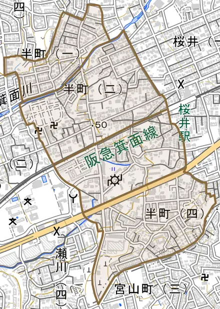 半町とその周辺の地図。町の範囲を重ねている