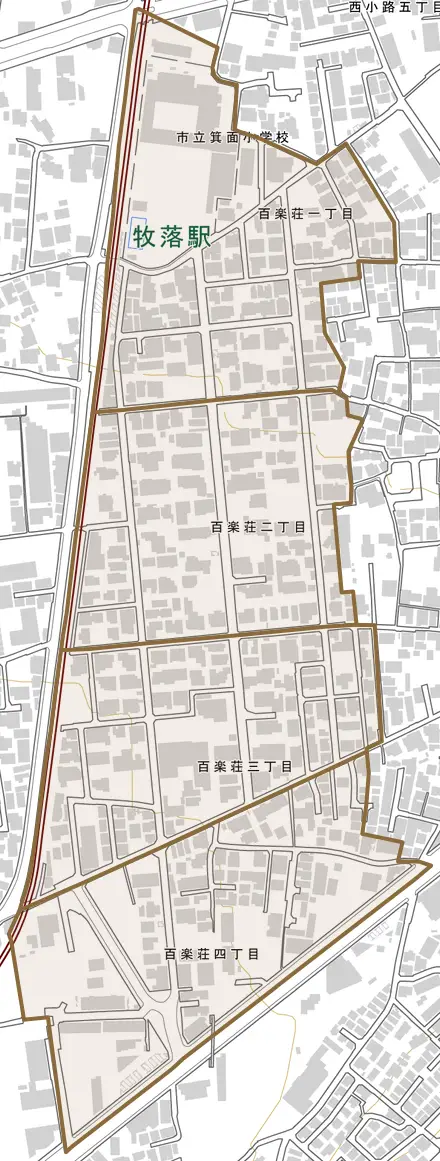 百楽荘とその周辺の地図。町の範囲を重ねている