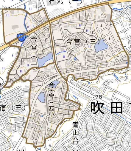 今宮とその周辺の地図。町の範囲を重ねている