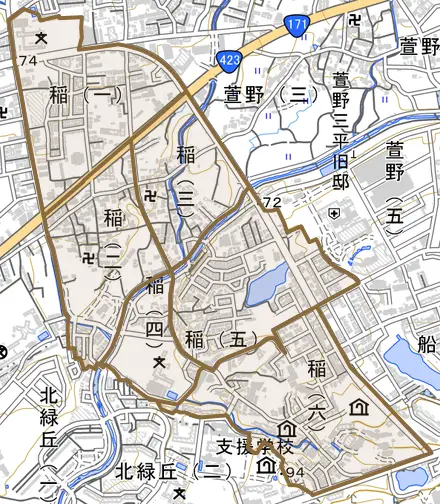 稲とその周辺の地図。町の範囲を重ねている