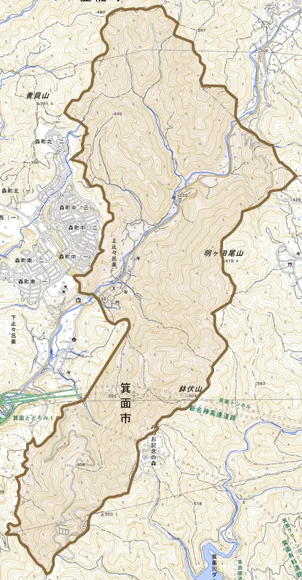 上止々呂美とその周辺の地図。町の範囲を重ねている