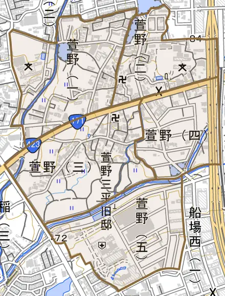萱野とその周辺の地図。町の範囲を重ねている