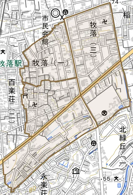 牧落とその周辺の地図。町の範囲を重ねている