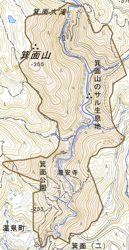箕面公園とその周辺の地図。町の範囲を重ねている