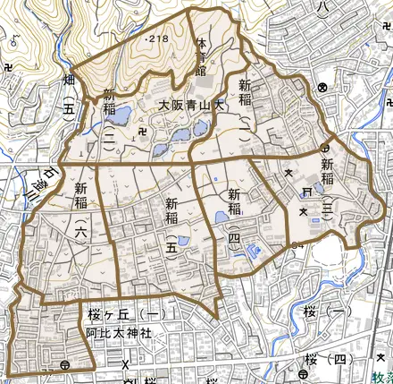 新稲とその周辺の地図。町の範囲を重ねている