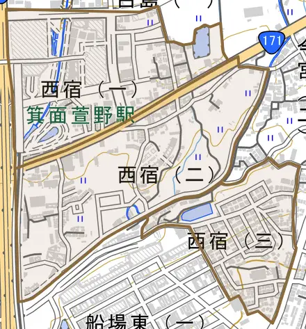 西宿とその周辺の地図。町の範囲を重ねている