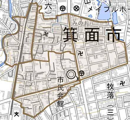 西小路とその周辺の地図。町の範囲を重ねている