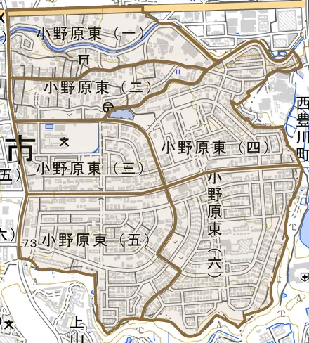 小野原東とその周辺の地図。町の範囲を重ねている