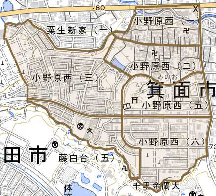 小野原西とその周辺の地図。町の範囲を重ねている